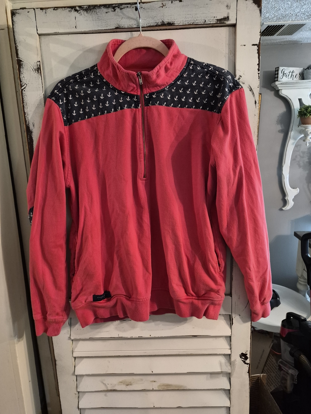 Simply Southern pink cotton 1/4 zip pullover featuring navy blue anchor-patterne - Picture 2 of 7